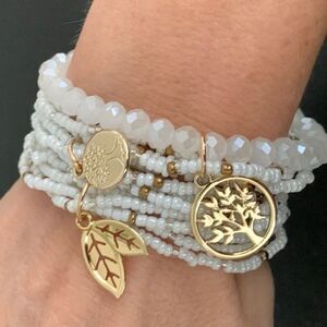 Dreamy Set of 3 White Boho Beach Bracelets Glass Beads & Gold Charm Anklets NEW